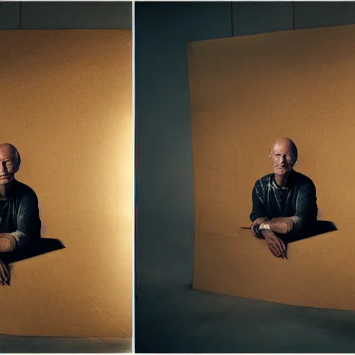 Prompt: Cardboard art representation of Ed Harris, studio lighting, F 1.4 Kodak Portra