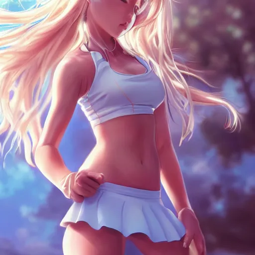 Image similar to a very beautiful proud young anime tennis girl, confident, full body, long wavy blond hair, sky blue eyes, full round face, bikini, miniskirt, front view, mid - shot, highly detailed, cinematic wallpaper by stanley artgerm lau