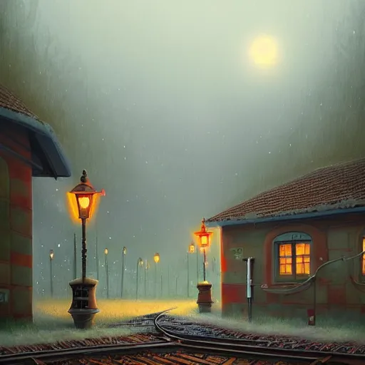 Prompt: Train station, artwork by Gediminas Pranckevicius,