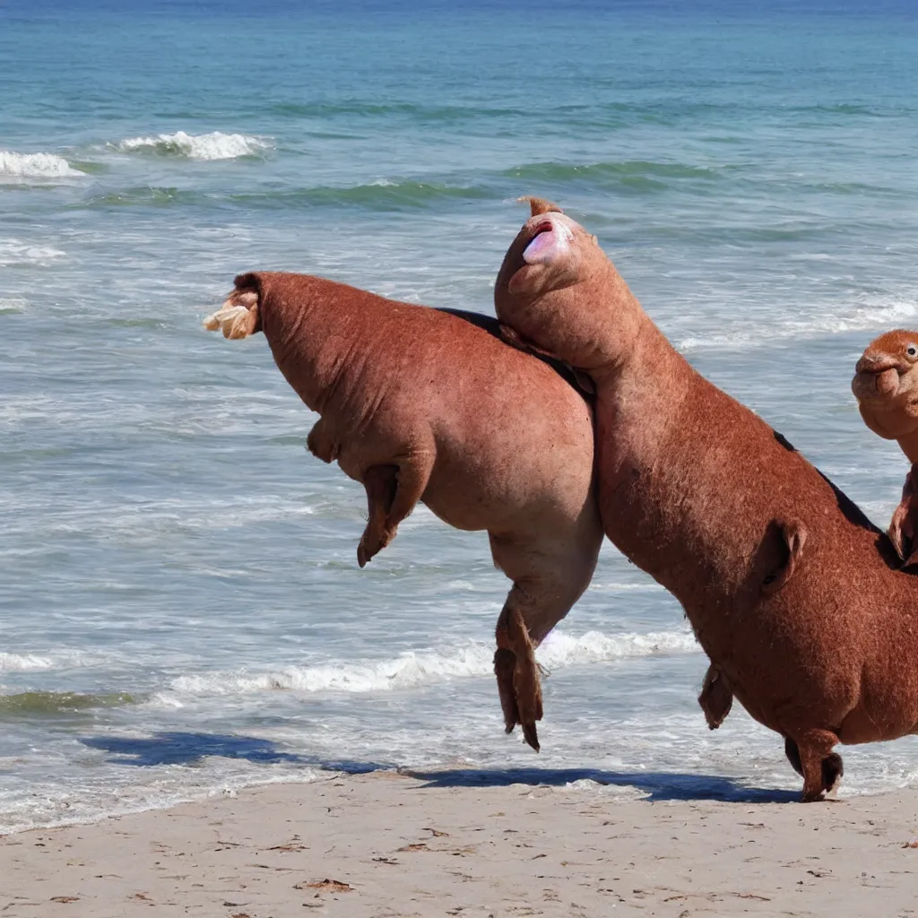 Image similar to a blobfish riding a llama on the beach