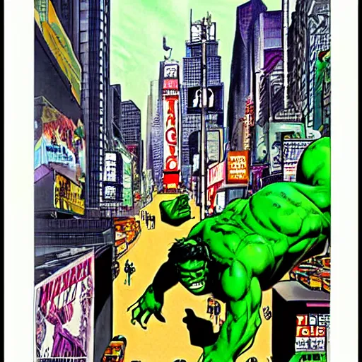 glossy old advertising poster, hulk jumping on times | Stable Diffusion