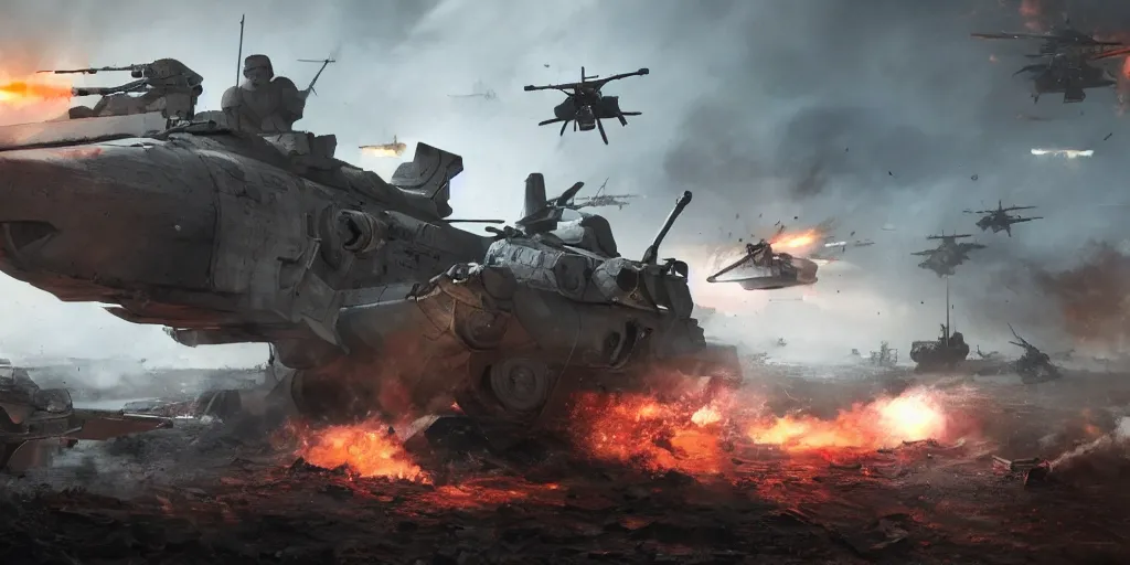 Image similar to concept art, world war iii, war scenes, super wide - angle, uav, soldiers'remote command, special forces'launching kinetic energy weapons, launching tracking missiles, armor piercing missiles, drag light bombs, backlight, cyberpunk, call of duty, future war, smooth lines, high detail, 8 k, octane rendering, unreal engine.