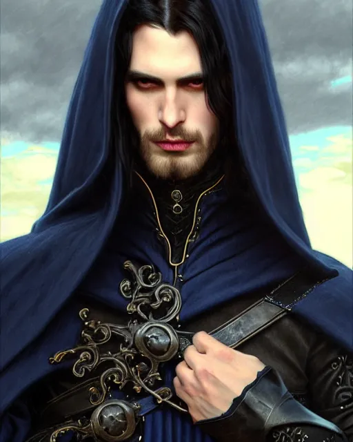 Image similar to handsome male fighting a giant, long black hair blue eyes wearing cloth mantle gothic navy cloak with leather details, cliffside town, fantasy character portrait, ultrarealistic, intricate details, elegant, cinematic lighting, highly detailed, artstation, cgsociety, sharp focus, beautiful digital painting by artgerm, gerald brom, wlop, alphonse mucha