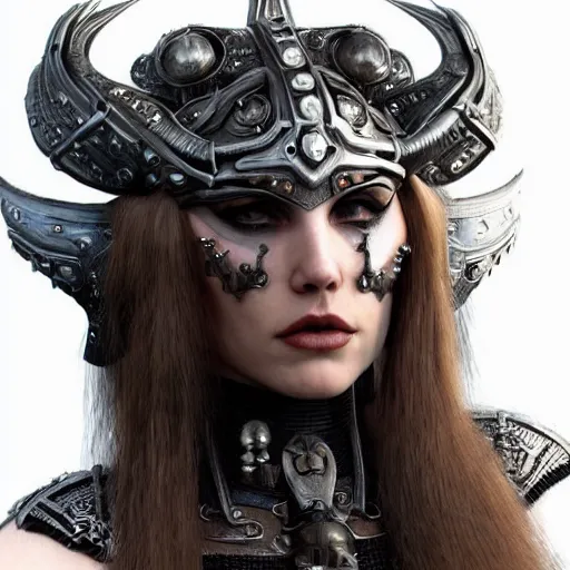 Image similar to a mechanized version of a norse woman, facial piercings, very symmetrical, furry warrior's bone clothing, highly detailed, by vitaly bulgarov, joss nizzi, ben procter, steve jung, concept art, concept art world, pinterest, artstation, unreal engine