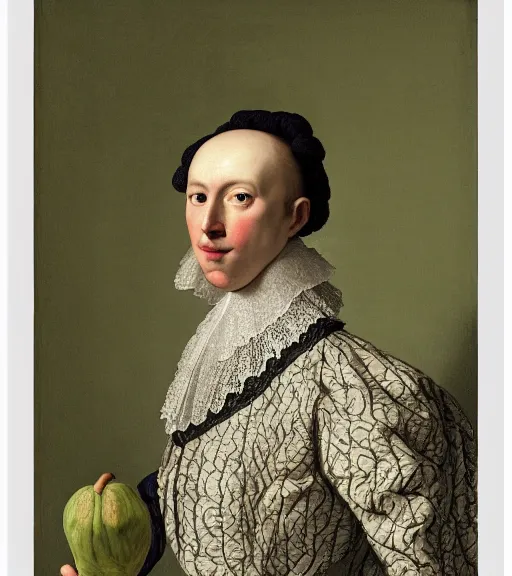 Prompt: Portrait of an elegant man dressed as an avocado, intricate fabric patterns, artwork by Pieter Claesz