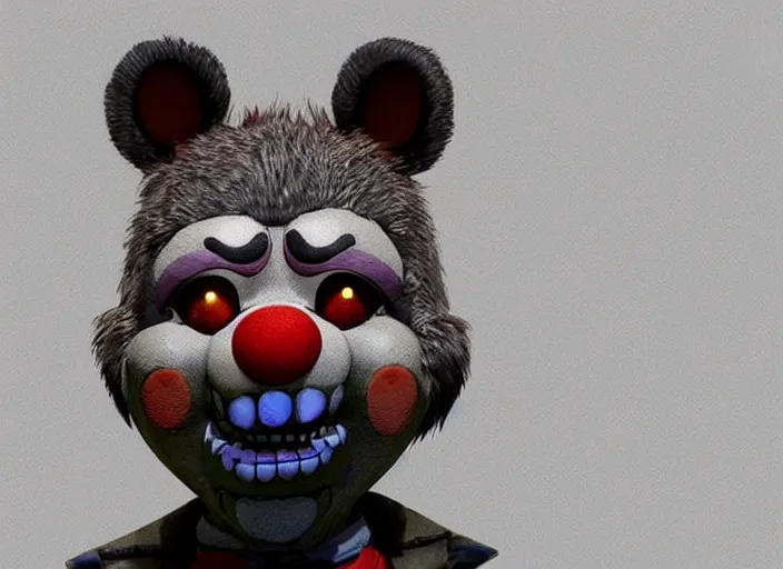 Image similar to award - winning detailed concept art of a creepy clown fnaf animatronic puppet anthropomorphic raccoon character wearing clown makeup face paint. art by wlop on bcy. net, realistic. detailed fur, art by cheng yi. artstationhd, artgerm, 3 dcg, pixar zootopia. 3 d rendering, high quality model sheet detailed