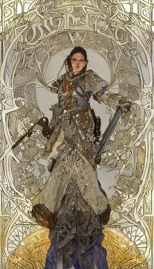 Image similar to soldiers in silver armor, highly detailed, very intricate, art nouveau, gold filigree, left right symmetry, tarot concept art watercolor illustration by mandy jurgens and alphonse mucha and alena aenami, featured on artstation