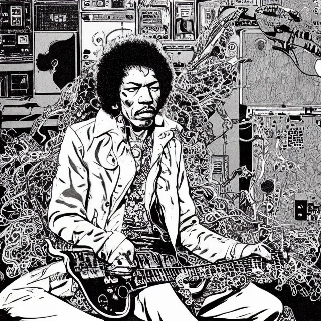 Prompt: a portrait of jimi hendrix with voodoo electronics by moebius