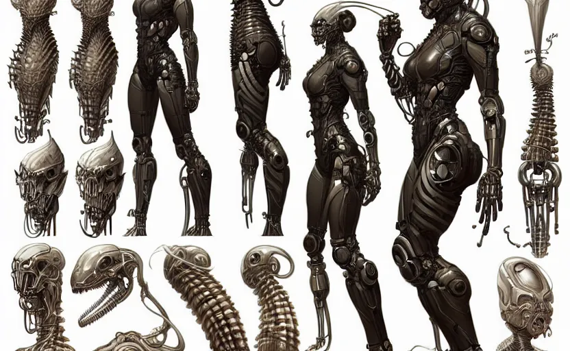 Image similar to Concept art character sheet of a cyborg biomechanical snake, sci-fi, highly detailed, digital painting, artstation, concept art, smooth, sharp focus, illustration, art by artgerm and greg rutkowski and alphonse mucha