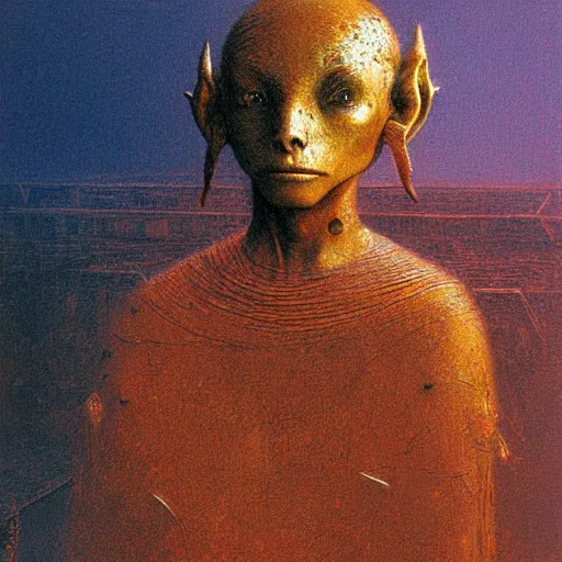 Image similar to portrait of ethereal young cute funny goblin warrior-princess in golden armour by Beksinski