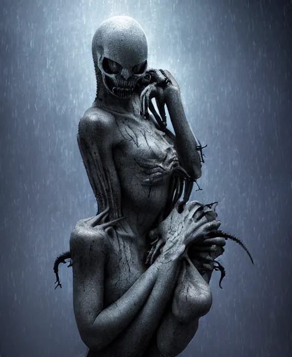 Image similar to xenomorph hugging pale sad beauty merging, dark mist colors, giger background liminal void, digital art, cinematic lighting, realistic, award winning photograph, various refining methods, micro macro autofocus