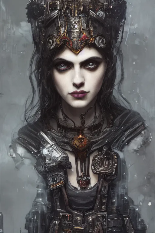 Image similar to portrait of beautiful gothic Alexandra Daddario, cyberpunk, Warhammer, highly detailed, artstation, illustration, art by Gustav Klimt