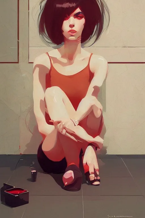 Image similar to a ultradetailed beautiful painting of a stylish woman sitting on the floor of a tiled room, by greg rutkowski, conrad roset, and ilya kuvshinov trending on artstation