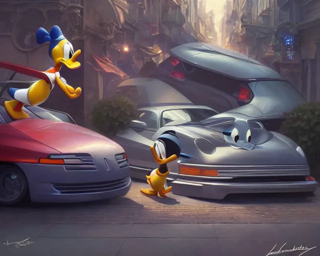 Image similar to realistic photography of donald duck involved in a car crush, deep focus, intricate, elegant, highly detailed, digital painting, artstation, concept art, matte, sharp focus, illustration, art by artgerm and greg rutkowski and alphonse mucha