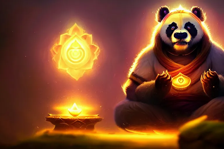 Image similar to [ important ] amazing portrait of a pandaren meditating [ / important ], hearthstone splash art, deiv calviz, splash art, natural light, elegant, intricate, fantasy, atmospheric lighting, by greg rutkowski, hearthstone splash art, hd wallpaper, ultra high details, cinematic composition