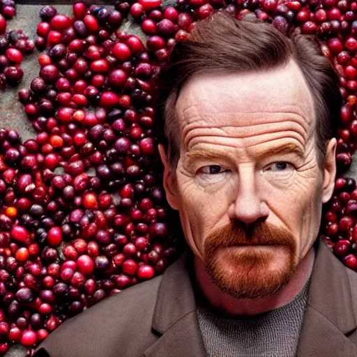 Image similar to tiny bryan cranston's body is a bowl of cranberries, head emerging from cranberries, natural light, sharp, detailed face, magazine, press, photo, steve mccurry, david lazar, canon, nikon, focus