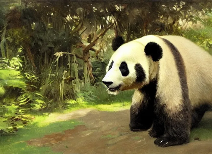 Image similar to oil painting of panda bear in zoo, art by anders zorn, wonderful masterpiece by greg rutkowski, beautiful cinematic light, american romanticism by greg manchess