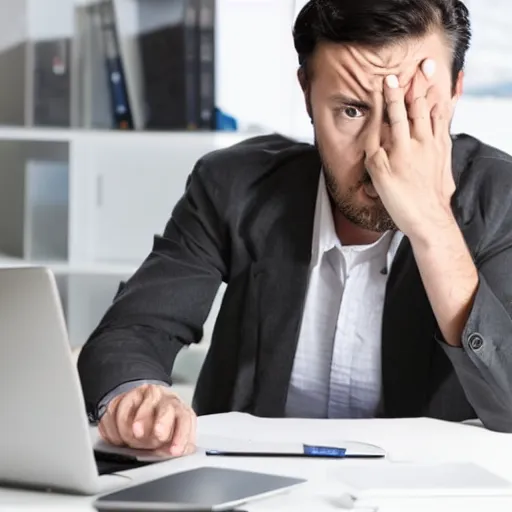 Image similar to man sits at computer desk angry and frustated waiting impatiently