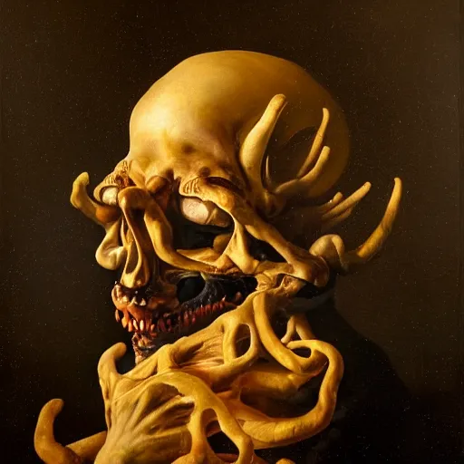 Image similar to refined gorgeous blended oil painting with black background by christian rex van minnen rachel ruysch dali todd schorr of a chiaroscuro portrait of an extremely bizarre disturbing mutated man with shiny skin acne dutch golden age vanitas intense chiaroscuro cast shadows obscuring features dramatic lighting perfect composition masterpiece