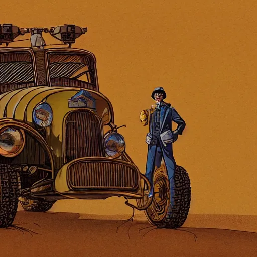 Prompt: a man standing next to a car, in desert dieselpunk style ; steampunk, jean giraud, moebius, francois schuiten, illustration, drawing, painting, face, green, yellow, red, muted, clean lines, centered face, symmetric, digital art, detailed, artstation, deviantart, hd, 8 k, 4 k