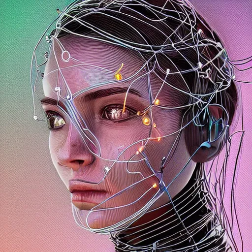 Image similar to a beautiful head of a pilot woman partially made of wires and circuits, an ultrafine detailed illustration by james jean, final fantasy, intricate linework, bright colors, behance contest winner, vanitas, angular, altermodern, unreal engine 5 highly rendered, global illumination, radiant light, detailed and intricate environment