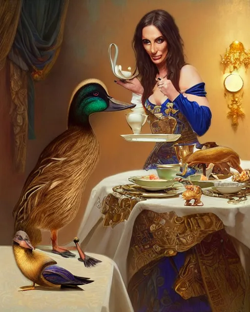 Image similar to Portrait of Jodie Marsh & a mallard & a pig having tea at the Ritz, real life skin, intricate, elegant, highly detailed, artstation, concept art, smooth, sharp focus, art by artgerm and greg rutkowski and alphonse mucha