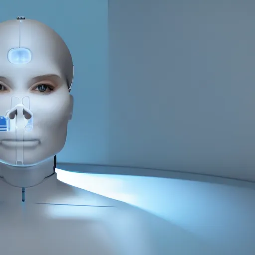 Prompt: A wide bottom camera shot view of a svelte female human with minimalistic bionic implants with artificial general intelligence integrated in her skull in the center of a white minimalistic room with fog in the bottom and light coming from a blue window on the ceiling that lights her skull with blue in the vast white room