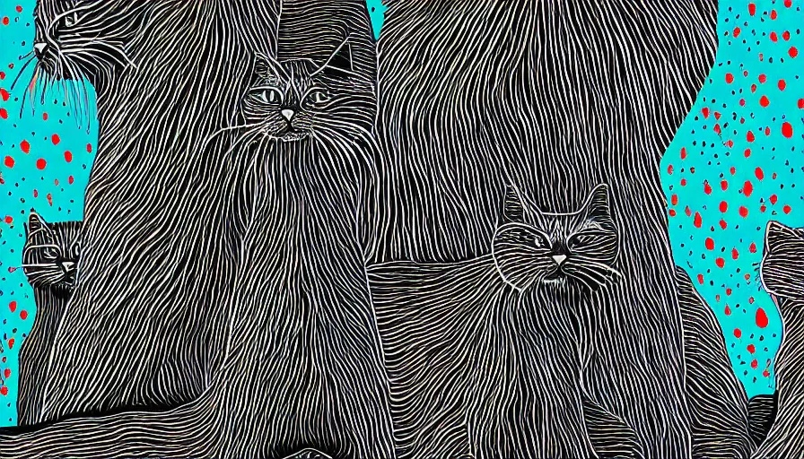 Image similar to artwork of really tall sitting cats by stanley donwood, thick brush, 4 k resolution