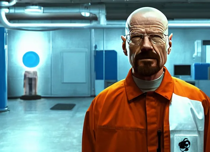 Image similar to film still of Walter White !!!with hair on his head!!! as Gordan Freeman in an underground lab facility wearing a black HEV suit with an orange lambda logo in front with a glowing blue portal in the background in the Half Life Movie, 4k
