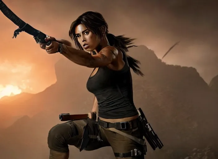 Image similar to film still of!!!! chloe bennett!!! as lara croft in new tomb raider movie, 8 k