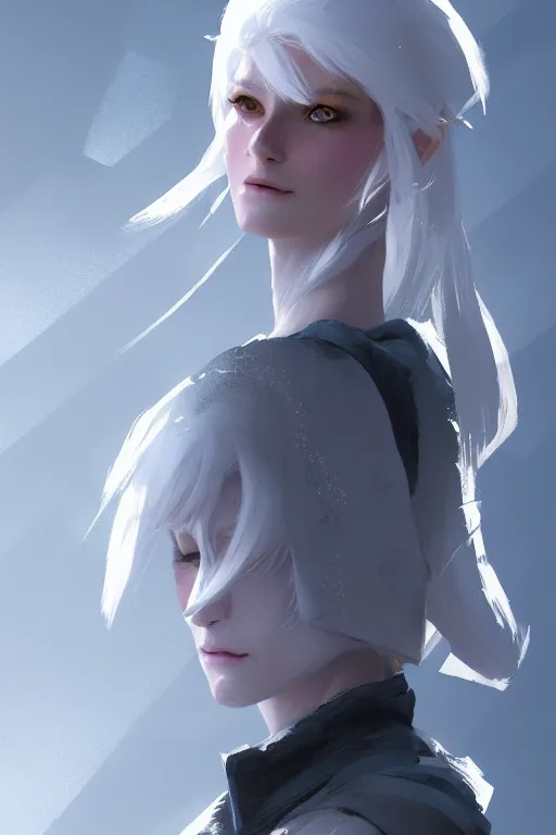 Prompt: character sheet for a white haired female for futuristic fashion brand in the mountains with snowimpact by craig mullins, by studio ghibli, digital art, trending on artstation, hd, 8 k, highly detailed, good lighting, beautiful, masterpiece