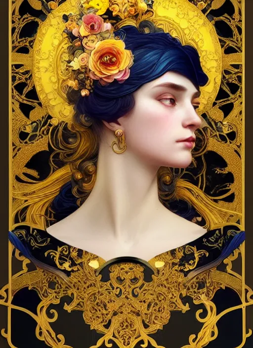 Image similar to beautiful black blue yellow, complicated gold and pink flowers in baroque style headwears, dark fantasy, intricate, elegant, highly detailed, digital painting, artstation, concept art, matte, 3 d 8 k octane rendered, sharp focus, illustration, octane rendered, art by artgerm and alphonse mucha, leesha hannigan