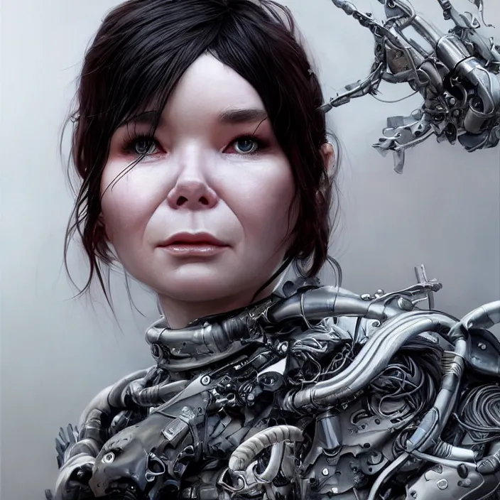 Image similar to hyper - realistic bjork leather cyborg - by tom bagshaw, by ilya kuvshinov, rtx rendering, octane render 1 2 8 k, maya, extreme high intricate details by wlop, digital anime art by ross tran, medium shot, close up shot, composition by sana takeda, dramatic lighting by greg rutkowski, 8 k, trending on artstation