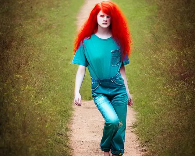 Image similar to A young lady with a round face, very long bright red hair, big green eyes, barefoot, wearing a teal t-shirt and gold overalls, award winning photograph