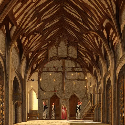 Image similar to medieval hall with king, royalty, courtisans, monks, artstation, fantasy, high details, digital art