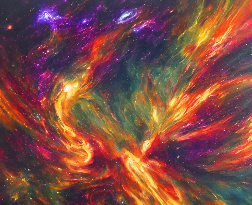 Image similar to an abstract oil painting of an unbelievably beautiful space nebula ; swirling sheets of light and fire ; hyper - detailed ; an extraordinary masterpiece!!! ; flawless ; trending on artstation