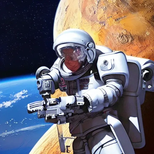 Prompt: Bernie Sanders riding a mechsuit in outer space with a plasma rifle