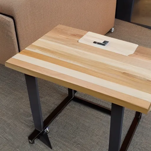 Prompt: a modern concept of a computer table made of wood and metal