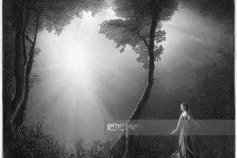 Image similar to black and white, young french woman illuminated by a beam of light through detailed clouds, forest in background, Gustave Dore lithography