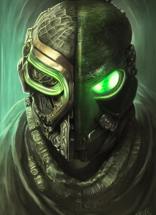 Image similar to cyberpunk turtle downtown tokyo mf doom reptile eyes, green and gray skin. intricate, elegant, highly detailed, centered, digital painting, artstation, concept art, smooth, sharp focus, illustration, artgerm, tomasz alen kopera, peter mohrbacher, donato giancola, joseph christian leyendecker, wlop, frank frazetta