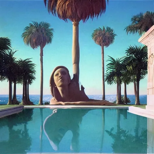 Prompt: David Ligare masterpiece, hyperrealistic surrealism, award winning masterpiece with incredible details, beautiful lighting, pool caustics, illuminated orbs, epic stunning, infinity pool, a surreal vaporwave liminal space, highly detailed, trending on ArtStation, broken giant marble head statue ruins, calming, meditative, geometric liminal space, palm trees, very vaporwave, very very surreal, sharp details, giant gold rings