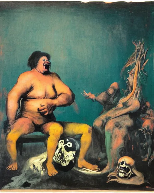 Prompt: dark fleshy red figure seated next to another dark angry figure laughing in a messy living room with crying children by Francisco Goya and Francis Bacon and Jamea Jean, vibrant teal background, mythological painting, oil painting, triadic color scheme, very coherent, Figure laughing seated on a throne made out of a bear skeleton inside interior room, Beksinski painting, masterpiece, artstation
