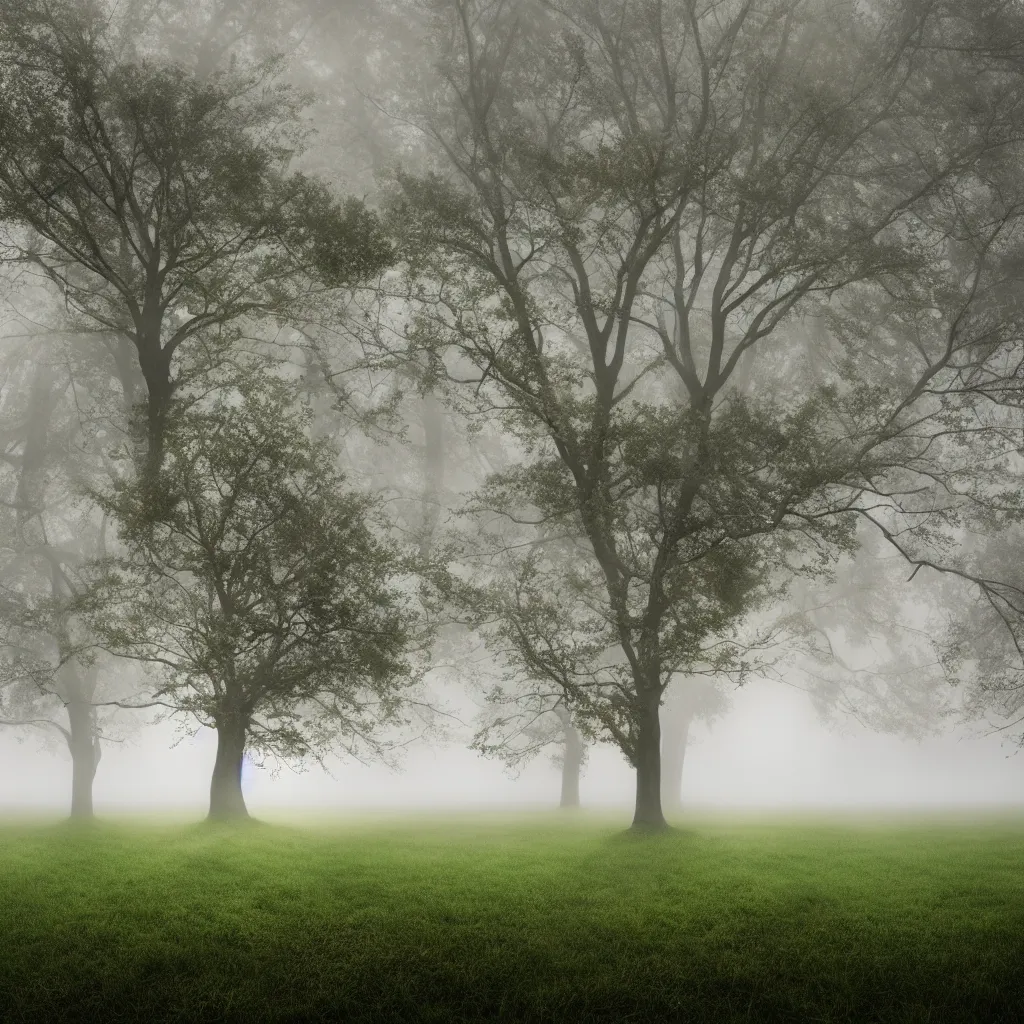 Prompt: A tree growing on a meadow partially covered with morning fog, with leaves divided in four seasons of the year, with tree hollow, with rope ladder, cinematic lighting, photo realistic image, 4K, super detailed, cinematic look