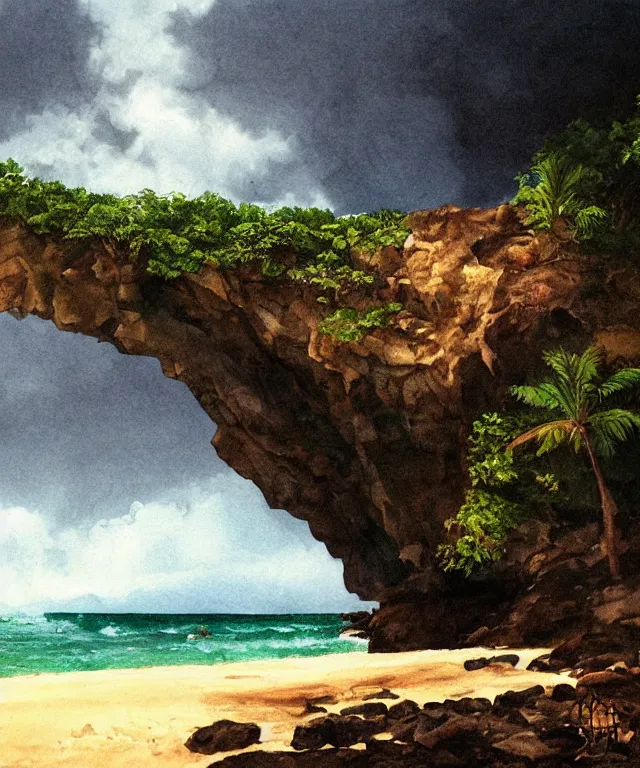 Image similar to photorealistic painting of turtle bay beach jamaica, sharp cliffs, island with cave, dark, atmospheric, brooding, smooth, finely detailed, cinematic, epic, in the style of larry elmore