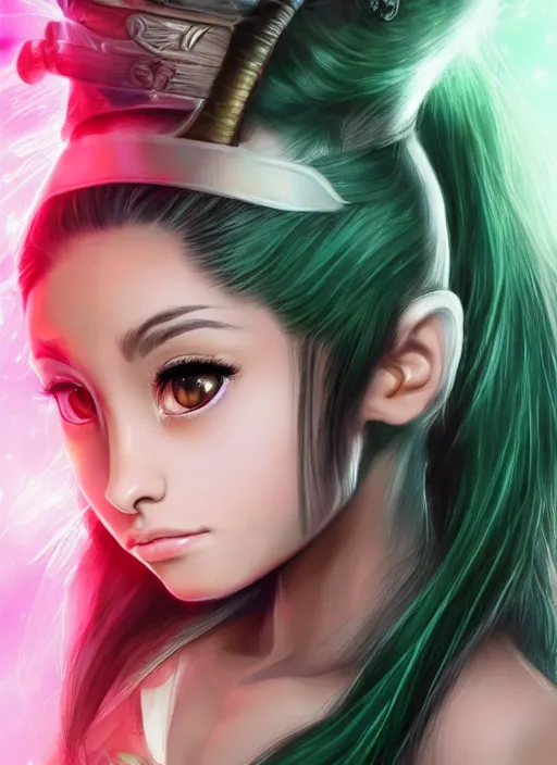Prompt: highly detailed beautiful photo of a mix of ariana grande and madison beer as a female samurai, practising sword stances, symmetrical face, beautiful eyes, emerald - green hair, realistic anime art style, 8 k, award winning photo, pastels colours, action photography, 1 / 1 2 5 shutter speed, sunrise lighting