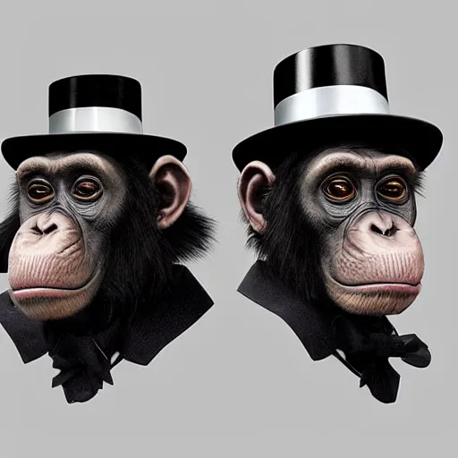 Image similar to photograph of a chimpanzee wearing a monocle and a top hat. 8 k. hyper real. trending on artstation trending on deviantart.