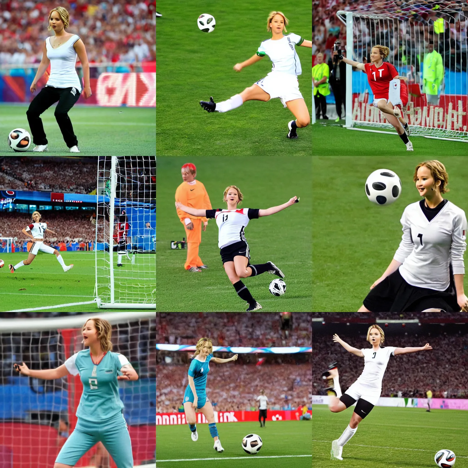 Prompt: Jennifer Lawrence as David Beckham, scoring a penalty kick at the football World Cup