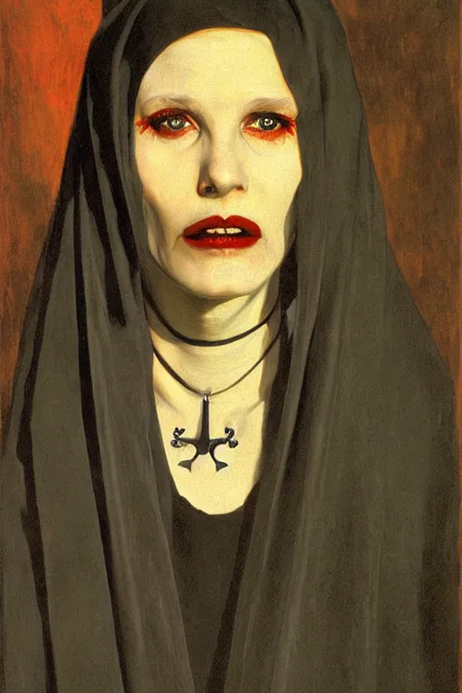 Image similar to portrait, vampire nun, art by jacek malczewski