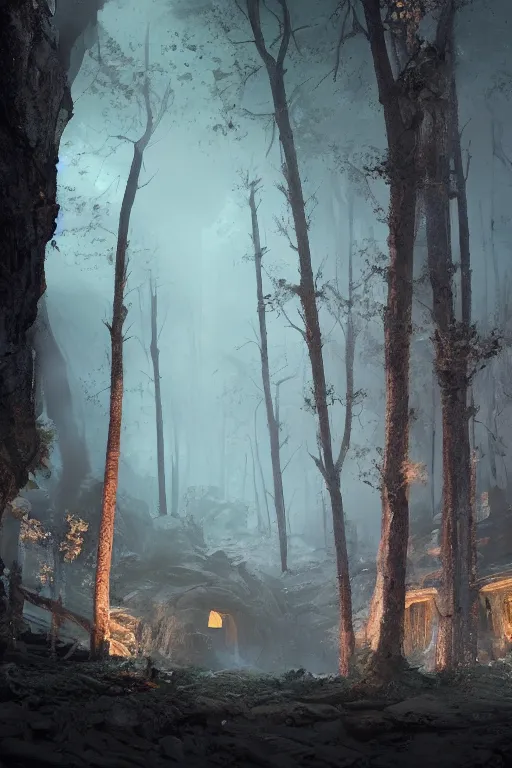 Image similar to an old mine entrances lit by toches in an ancient old forrest at night, eeire mood, Dynamic lighting, cinematic, establishing shot, extremely high detail, photo realistic, cinematic lighting, , post processed denoised, concept design, concept art, artstation, matte painting, midjourney, style by alex ross, raphael lacoste, eddie mendoza