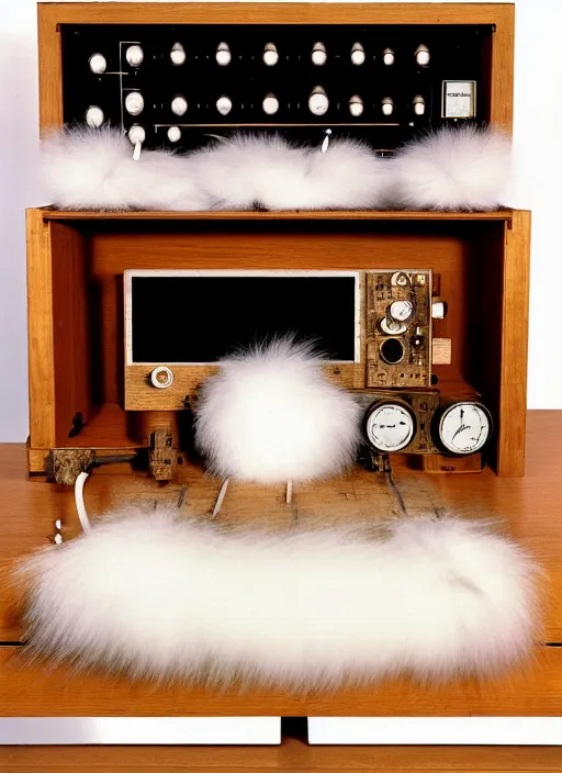 Image similar to realistic photo of a a medieval wooden electronic astronomic archeology scientific chemistry ornithology equipment made of oak wood and brushwood, with white fluffy fur, by dieter rams 1 9 9 0, life magazine reportage photo, natural colors